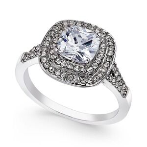 Charter Club Double Halo Crystal Center Ring in Fine Silver Plate NEW Size 10